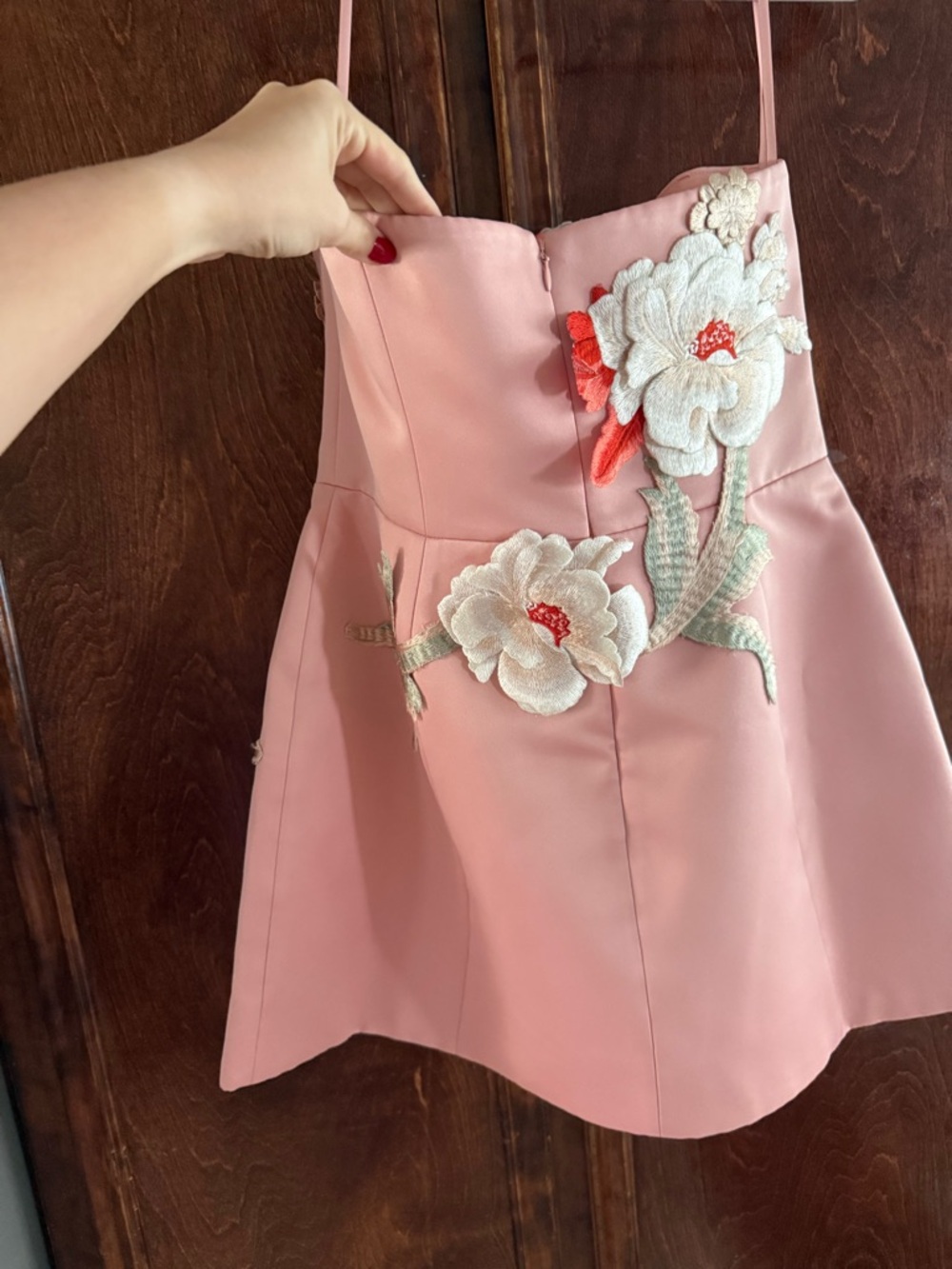 Strapless Pink Floral Appliqué Mini Dress - Picture 6 of 8